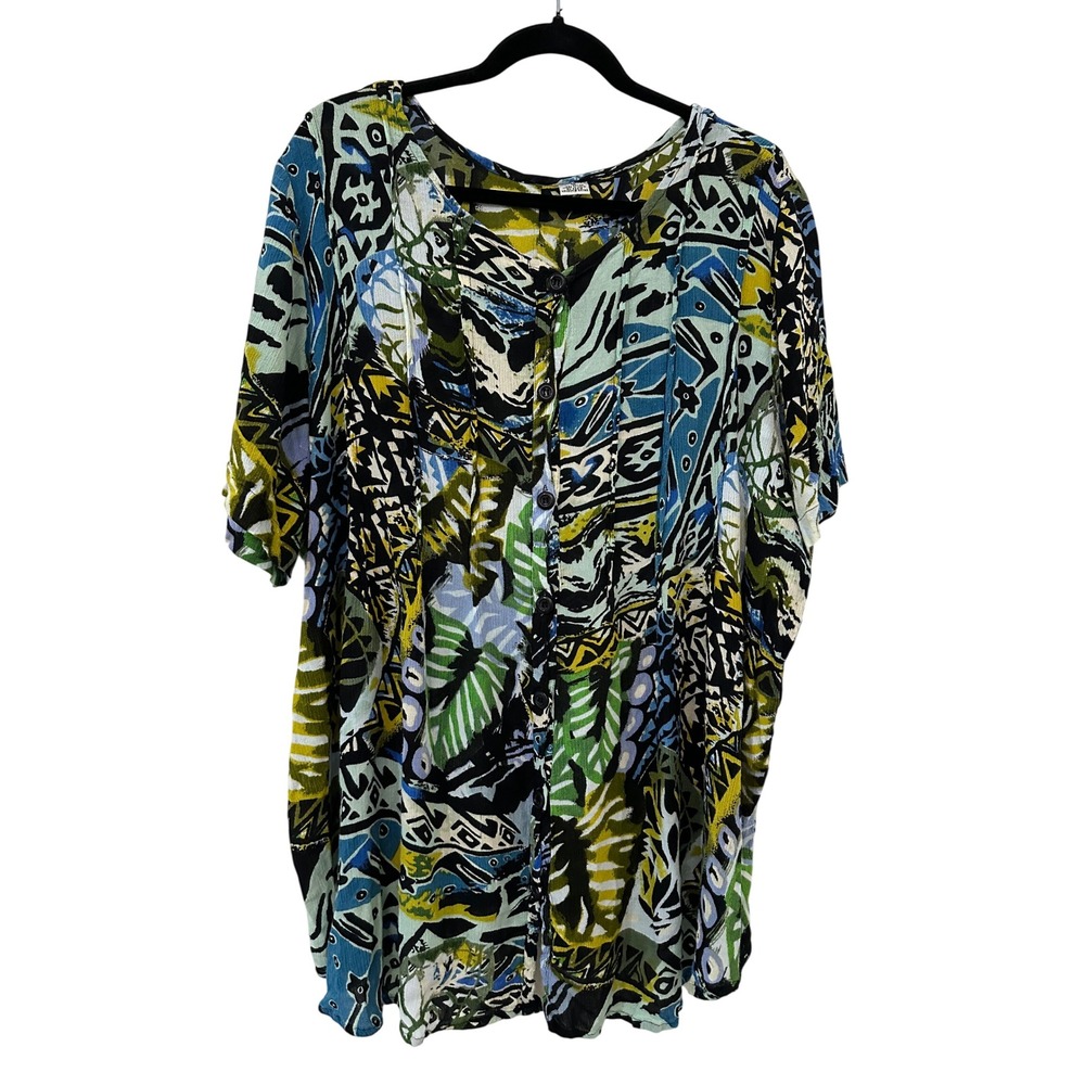Womens 1X Abstract Tribal Print Button Front Rayon Top Short Sleeve Artsy